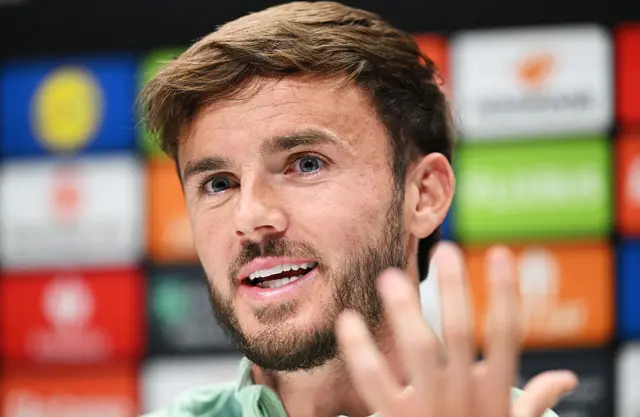 James Maddison, of Tottenham Hotspur, speaks to the media during a press conference ahead of their UEFA Europe League 2024/25 semi final first/second leg match at Tottenham Hotspur Stadium on April 30, 2025
