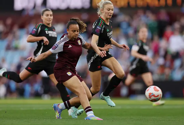 Chasity Grant of Aston Villa scores her team's fifth goal during the Barclays Women's Super League match between Aston Villa FC and Arsenal FC at Villa Park on April 30, 2025 in Birmingham, England.