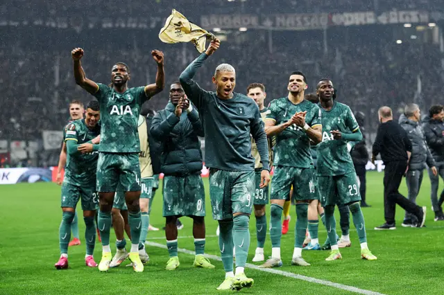Richarlison and players of Tottenham Hotspur celebrate victory after the UEFA Europa League 2024/25 Quarter Final Second Leg match between Eintracht Frankfurt and Tottenham Hotspur at Deutsche Bank Park on April 17, 2025.