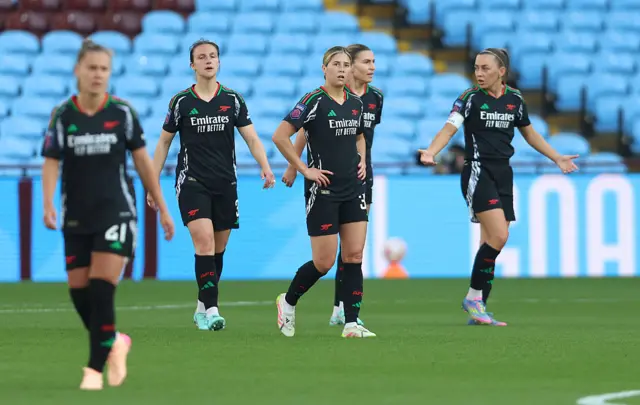 Kyra Cooney-Cross of Arsenal looks dejected after Jordan Nobbs of Aston Villa (not pictured) scores her team's first goal during the Barclays Women's Super League match between Aston Villa FC and Arsenal FC at Villa Park on April 30, 2025 in Birmingham, England.