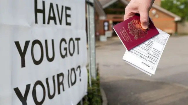 A sign outside a polling station which says 'have you got your ID?' next to someone holding their passport and poll card