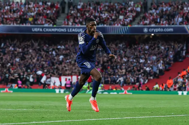 Ousmane Dembele with his finger to his lips after scoring against Arsenal