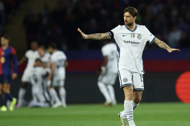 Inter Milan's Francesco Acerbi reacts