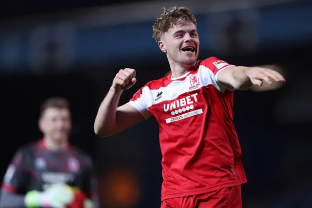 Tommy Conway of Middlesbrough FC celebrates following the Sky Bet Championship match between Blackburn Rovers FC and Middlesbrough FC