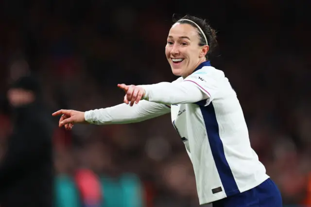 Lucy Bronze of England celebrates after the team's victory during the UEFA Women's Nations League 2024/25 Grp A3 MD2 match between England and Spain at Wembley Stadium