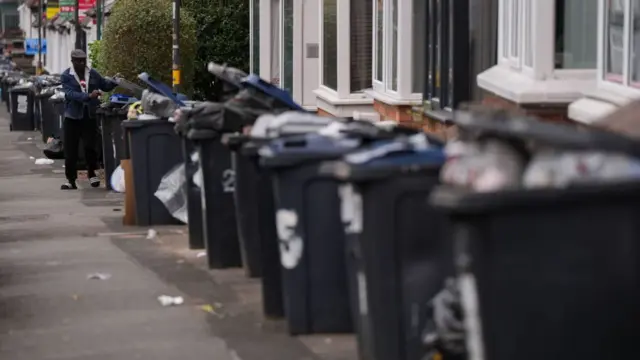 A long row of grey bins along a pavement
