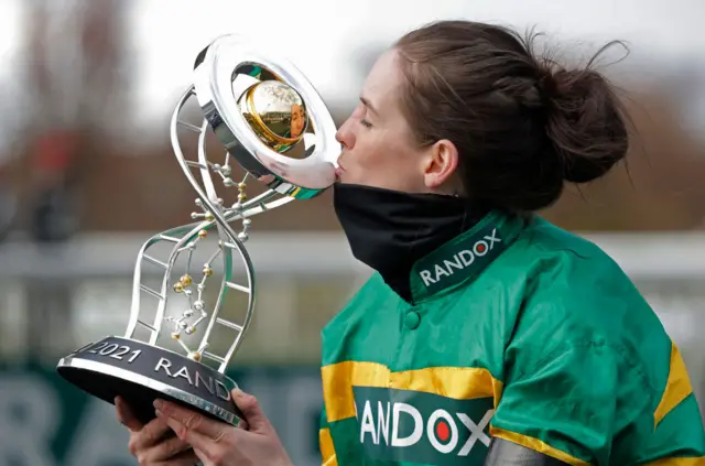 Rachael Blackmore celebrates winning the 2021 Grand National