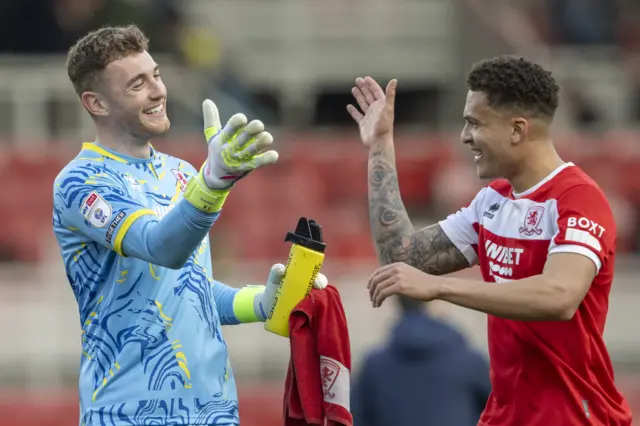 Middlesbrough goalkeeper Mark Travers celebrates with Neto Borges
