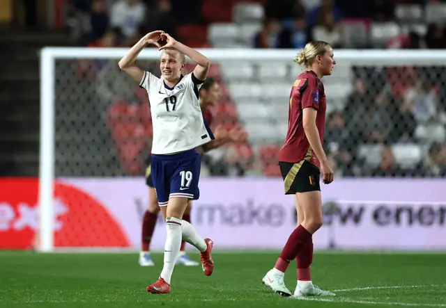 Agnes Beever-Jones of England celebrates scoring her team's third goal