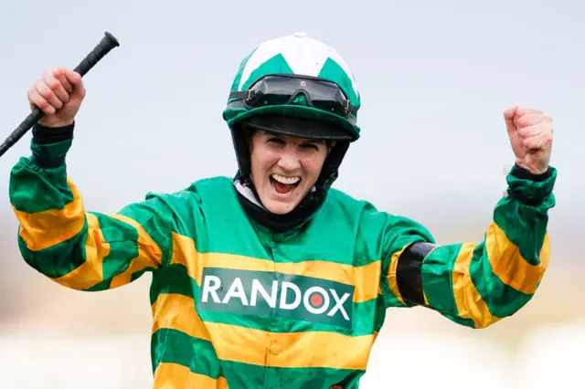 Rachael Blackmore celebrates winning the 2021 Grand National