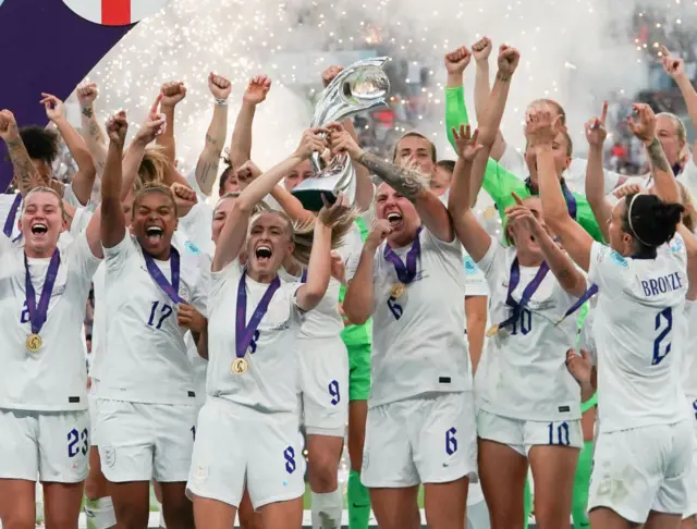 England lift the Euros trophy during the UEFA Women's Euro England 2022 final