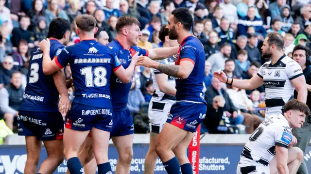 Hull KR celebrate Tom Davies' try