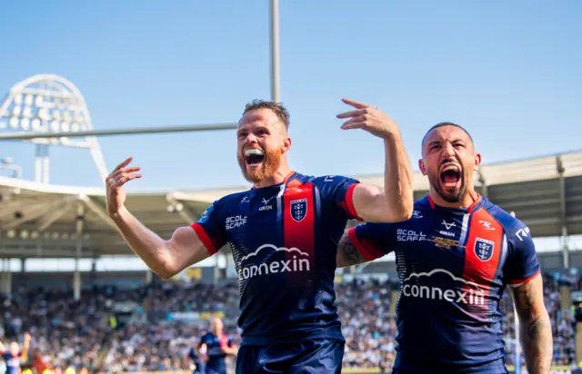 Hull KR's Joe Burgess and Elliot Minchella celebrate