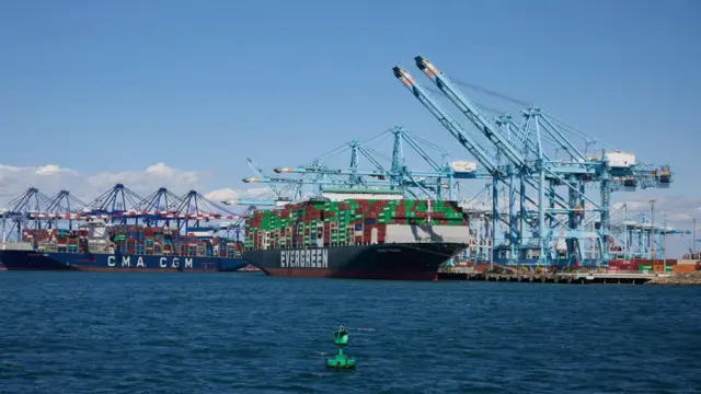 Ships unload cargo containers at the Port of Los Angeles in Los Angeles