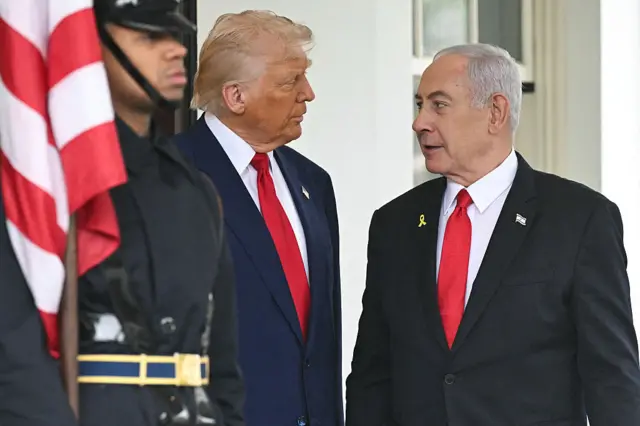 Trump looking at Netanyahu who stands by his side in front of a uniformed man holding a flag