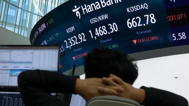 Man seen from behind leaning back in chair with hands behind head. In front of him is screen showing prices dropping on stock exchange