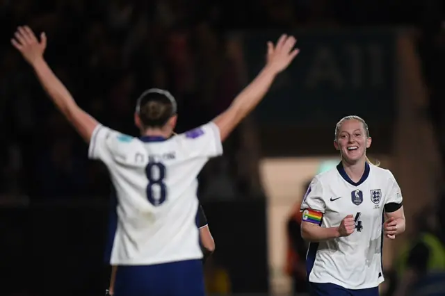 Keira Walsh of England celebrates with teammate Grace Clinton