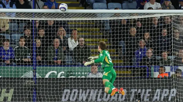 Fabian Schar's effort hits the crossbar with Leicester goalkeeper backpedaling