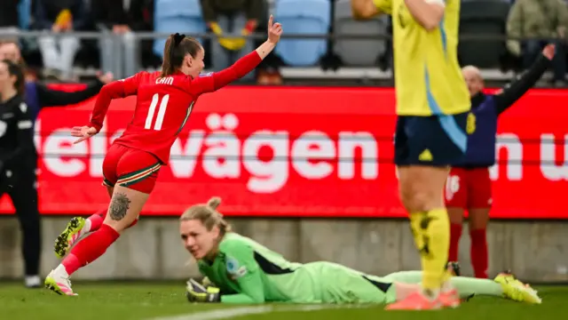 Hannah Cain celebrates Wales' goal
