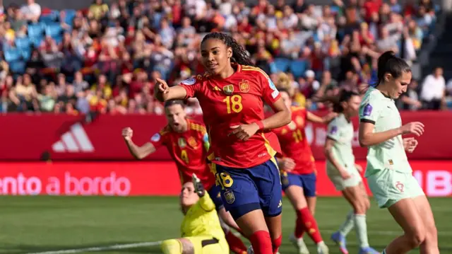 Spain's Salma Paralluelo celebrates her goal