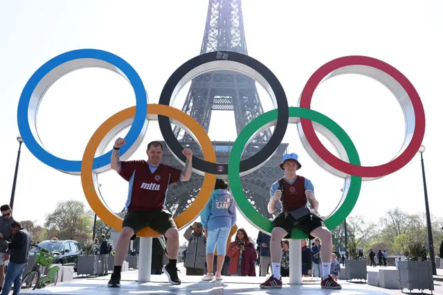 Aston Villa supporters pose in the Olympic Rings
