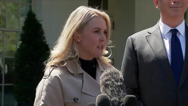 Leavitt talking into press microphones