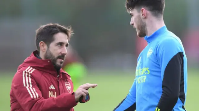 Arsenal set-piece coach Nicolas Jover and Declan Rice