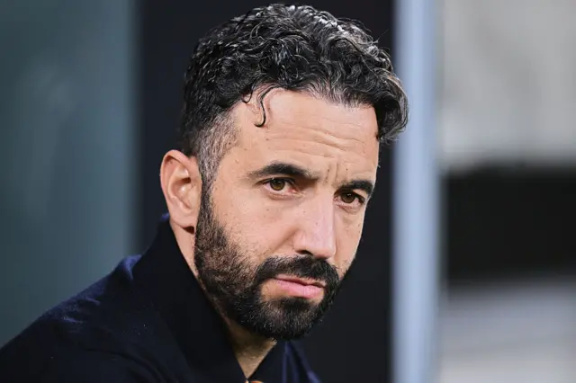 Ruben Amorin, head coach of Manchester United looks on during the UEFA Europa League 2024/25 Semi Final First Leg match between Athletic Bilbao and Manchester United at San Mames Stadium on May 1, 2025 in Bilbao, Spain