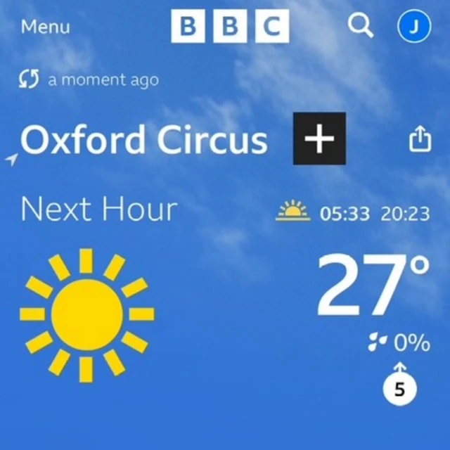 iPhone screenshot of the BBC Weather app which shows a temperature of 27C