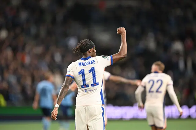 Chelsea's English midfielder #11 Noni Madueke celebrates after scoring the 0-2 goal.