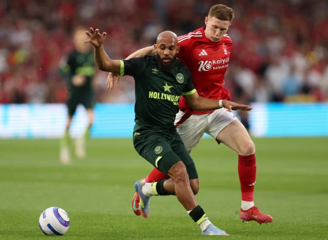 Brentford's Bryan Mbeumo in action with Nottingham Forest's Elliot Anderson