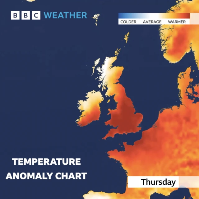 A temperature anomaly chart. It's a map of the UK, Ireland and much of western Europe, showing above average temperatures in most areas. It is average or near average in northwest Scotland, Northern Ireland and north west of the Republic of Ireland.
