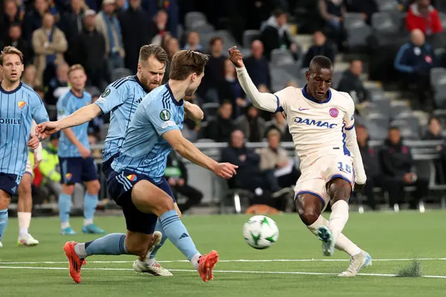 Nicolas Jackson of Chelsea scores his team's fourth goal during the UEFA Conference League 2024/25 Semi Final First Leg match between Djurgarden and Chelsea FC at Stockholm Arena on May 01, 2025 in Stockholm, Sweden. (