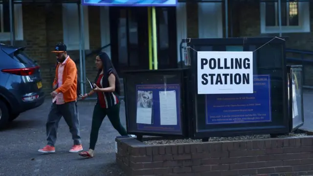 Two people walking through church car park with sign saying polling station.