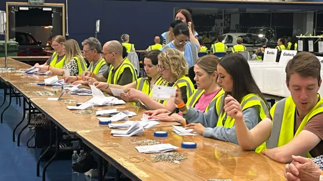 People are sitting at a long table counting ballots. They are wearing yellow high-vis vests.