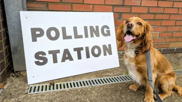Oliver smiles at the camera with a 'Polling station' sign on the ground