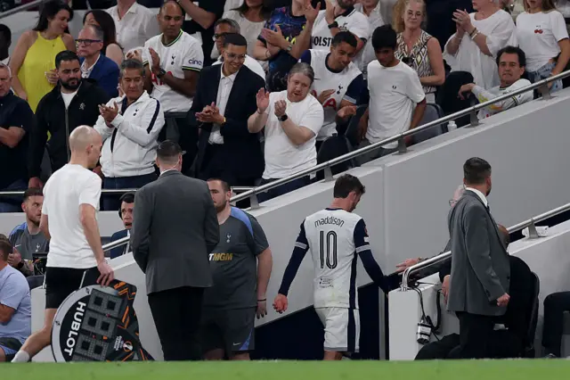 James Maddison of Tottenham Hotspur walks down the tunnel, after leaving the pitch with a injury