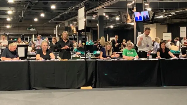 People sit at rows of tables draped in black tablecloths, verifying votes