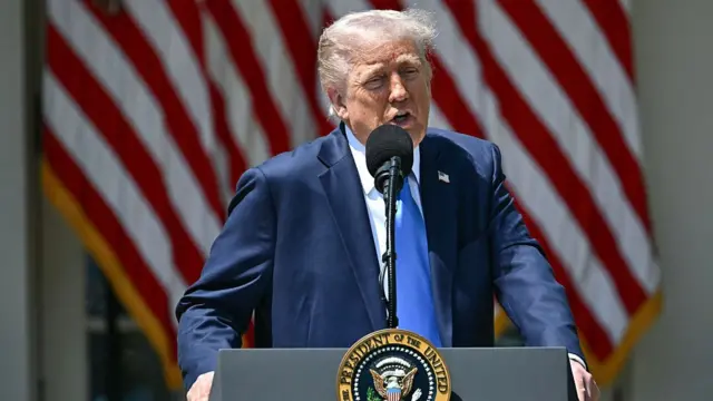 Trump speaking into a microphone