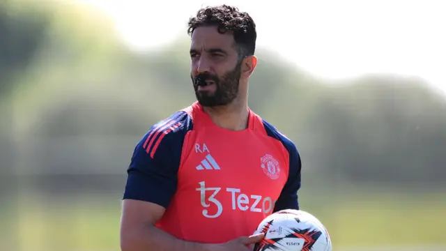 Ruben Amorim, Manager of Manchester United, looks on during a training session and press conference ahead of their UEFA Europe League 2024/25 semi final first leg match, at Carrington Training Ground on April 30, 2025.