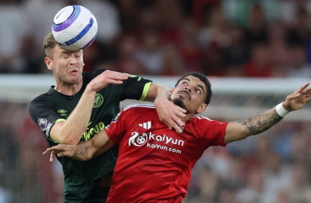 Nottingham Forest's Morgan Gibbs-White in action with Brentford's Nathan Collins