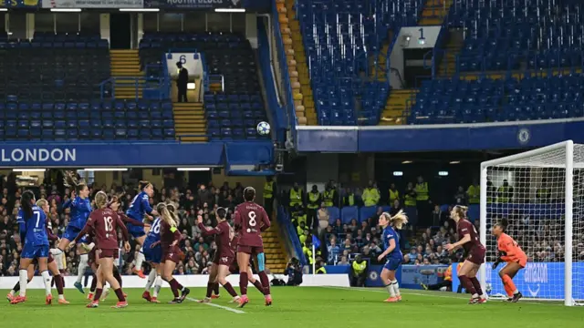 Chelsea's Swedish defender Nathalie Bjorn scores the team's second goal during the UEFA Women's Champions League quarter-final second-leg football match between Chelsea and Manchester City at Stamford Bridge in London on March 27, 2025.