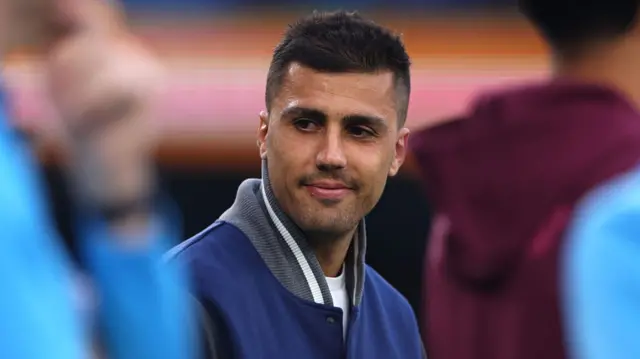 Rodri of Manchester City prior to the Premier League match between Manchester City FC and Aston Villa FC at Etihad Stadium on April 22, 2025 in Manchester.
