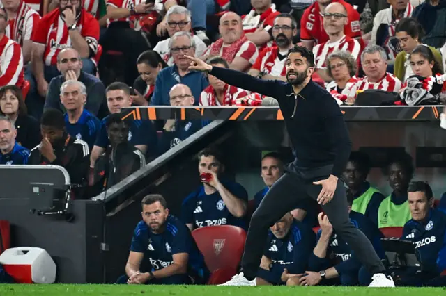 Manchester United's Portuguese head coach Ruben Amorim shouts to players during the UEFA Europa League semi final first leg football match between Athletic Club Bilbao and Manchester United at the San Mames stadium in Bilbao, on May 1, 2025.