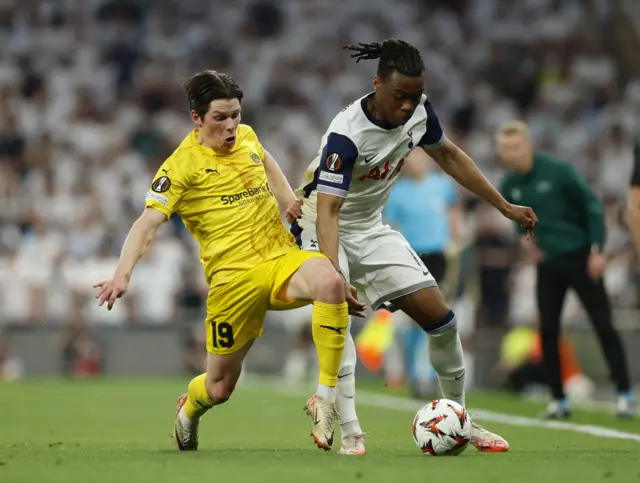 Bodo/Glimt's Sondre Brunstad Fet in action with Tottenham Hotspur's Destiny Udogie