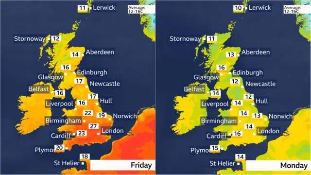 Two maps of the UK side-by-side showing weather forecasts