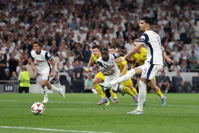 Dominic Solanke of Tottenham Hotspur scores a goal to make it 3-0