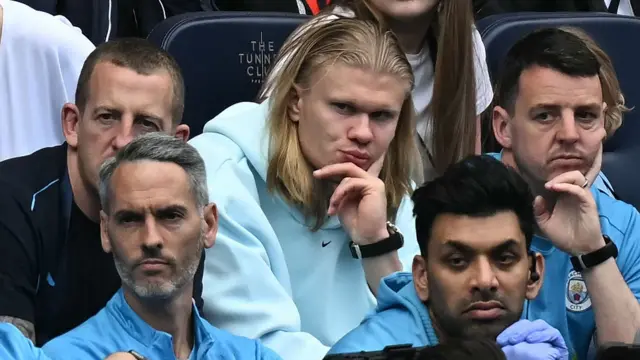 Manchester City's Norwegian striker #09 Erling Haaland looks on during the English Premier League football match between Manchester City and Crystal Palace at the Etihad Stadium in Manchester.