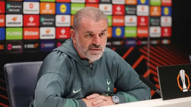 Ange Postecoglou Manager of Tottenham Hotspur during a press conference ahead of their UEFA Europe League 2024/25 semi final first leg match at Tottenham Hotspur Training Ground on April 30, 2025 in Enfield.