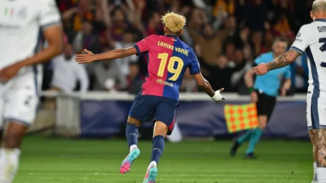 Lamine Yamal of FC Barcelona celebrates after scoring a goal during the UEFA Champions League 2024/25 Semi Final First Leg match between FC Barcelona and FC Internazionale Milano.